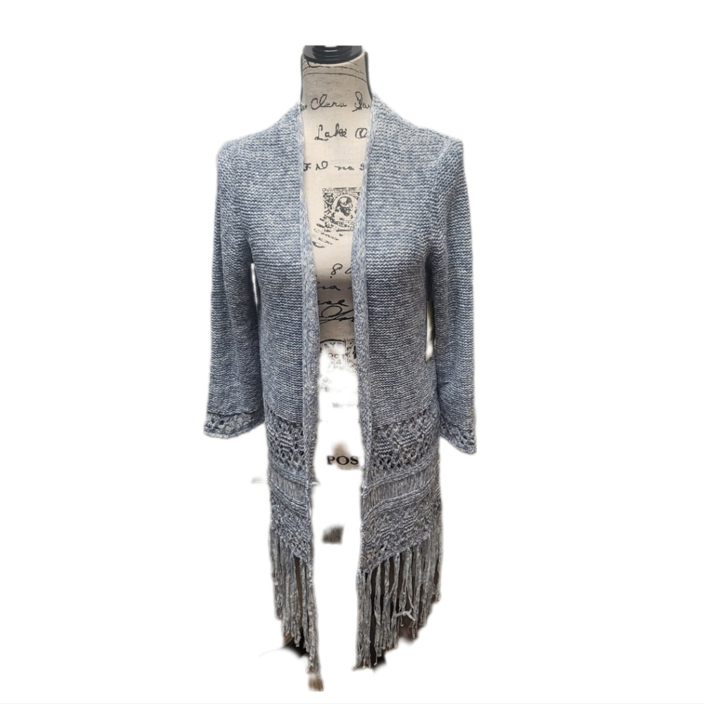 NWT REBA CROCHET KNIT LONG CARDIGAN ISLAND BREEZE CHAMBRAY TASSLE OPEN FRONT